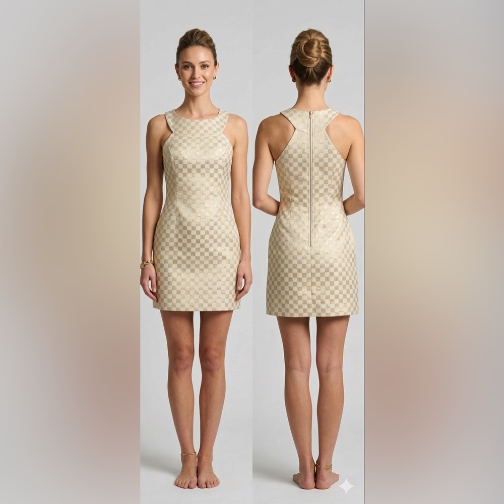 Lilly Pulitzer Jepson Gold and Cream Metallic Checkered Jacquard Mini Dress